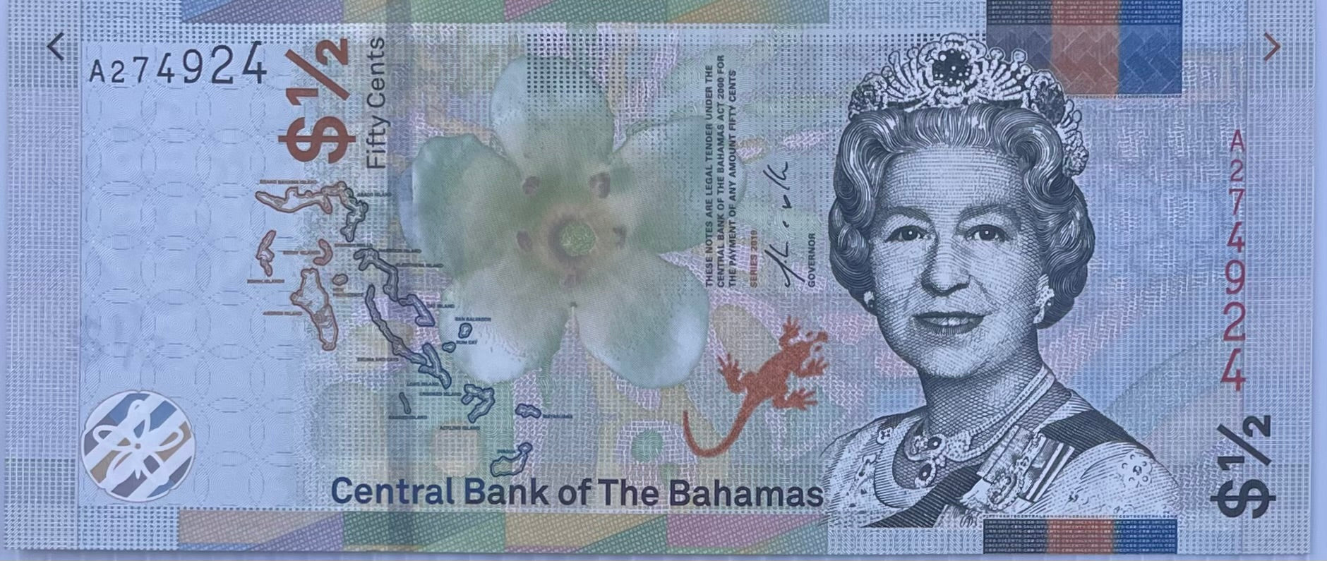 Bahamas 1/2 Dollar Banknote 2019 P-A77 UNC showing Queen Elizabeth II portrait and sister-sloop design