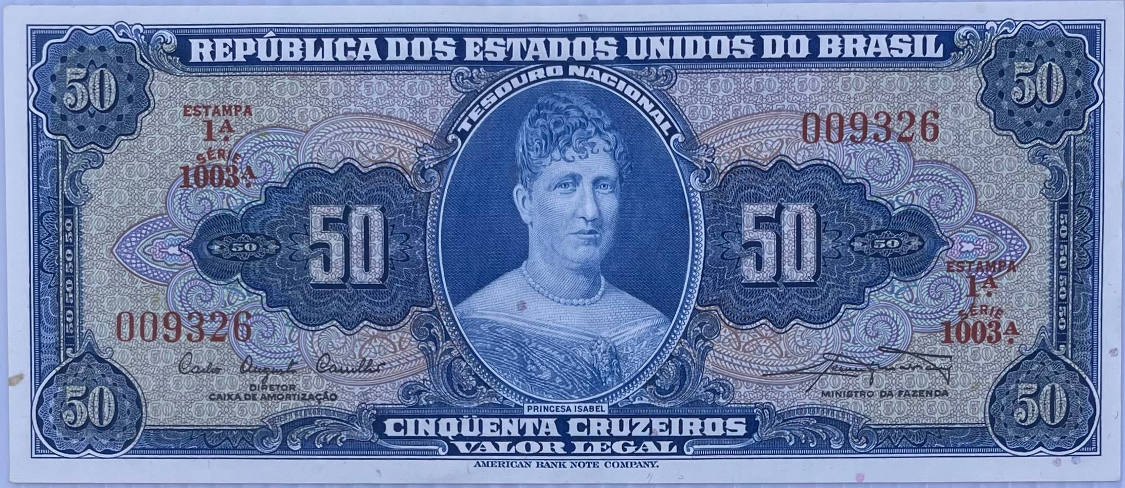 Brazil ND1956/1959 50 Cruzeiros P152 banknote showcasing mid-20th century Brazilian currency design and historical details