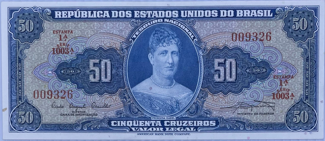 Brazil ND1956/1959 50 Cruzeiros P152 banknote showcasing mid-20th century Brazilian currency design and historical details