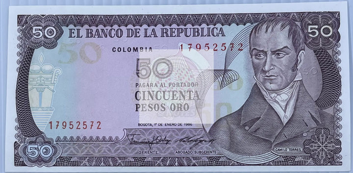 COLOMBIA 50 PESOS ORO 1986 P 425 UNC - Cool Coins & Notes