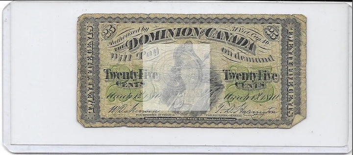 Canada 1870 25 Cents P-8b, Used World Banknote - Cool Coins & Notes
