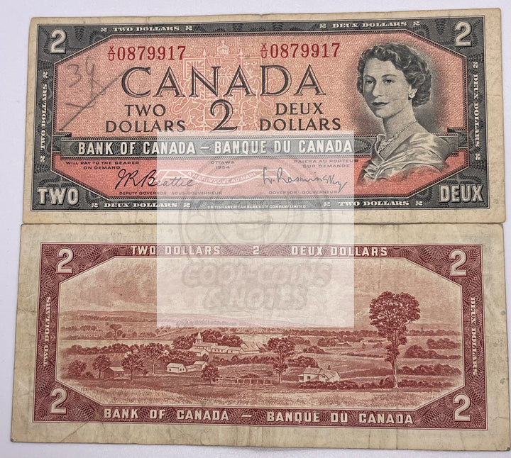 Canada 2 dollars 1954 P-76a P-76 P/B,Used Banknote From Lot - Cool Coins & Notes