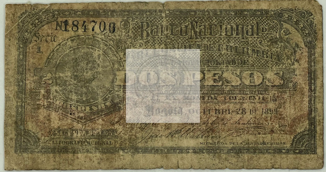 Columbia 1899 2 Pesos P252, Used World Banknote - Cool Coins & Notes