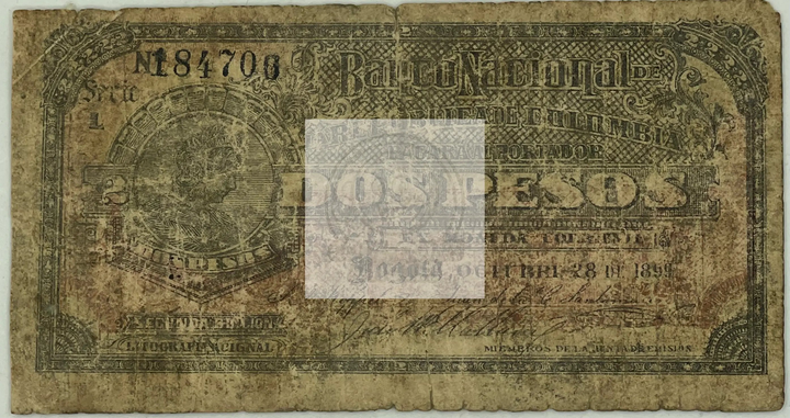 1899 Colombia 2 Pesos banknote P-252 with intricate engravings and portrait