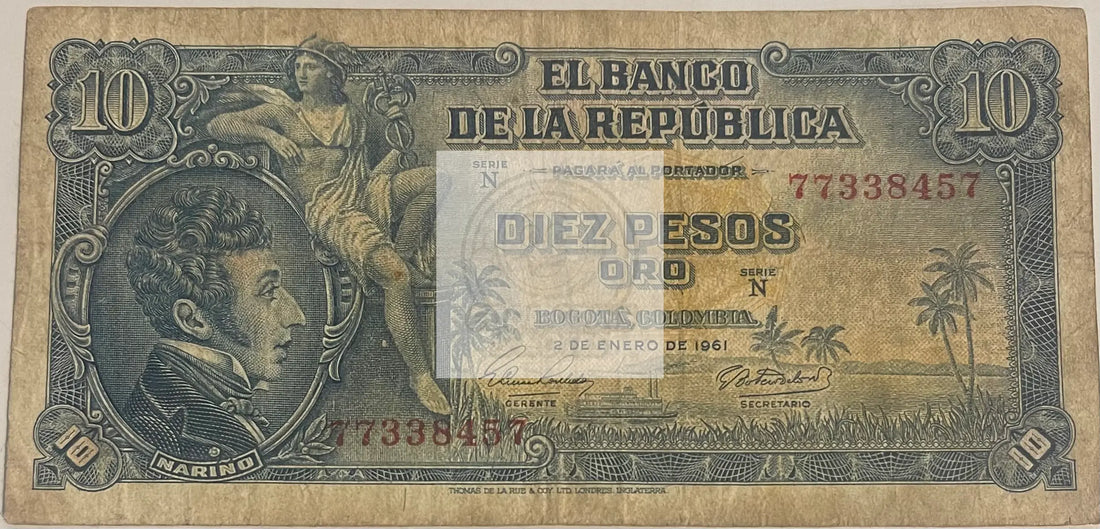Columbia 1958 10 Pesos Oro P-400b, Used World Banknote - Cool Coins & Notes