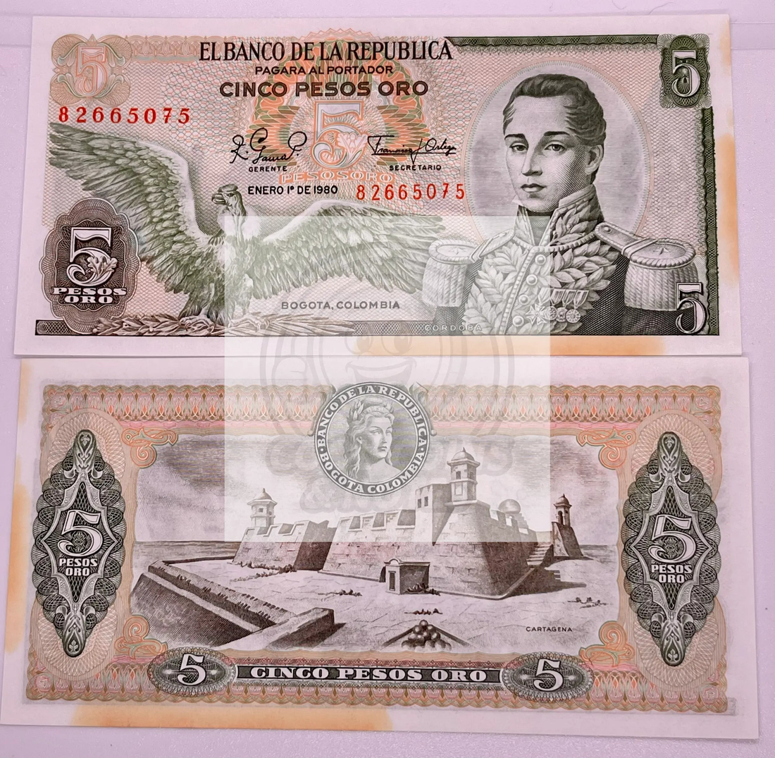 1980 Colombia 5 Pesos Oro banknote featuring Francisco de Paula Santander and National Capitol, circulated condition