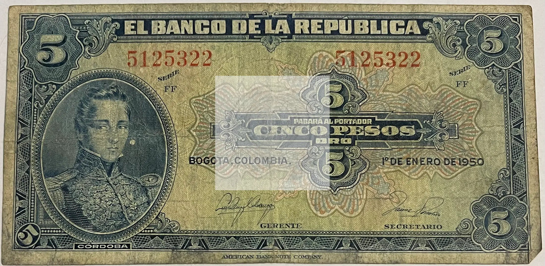 Columbia1950 5 Pesos Oro P386e, Used World Banknote Currency - Cool Coins & Notes