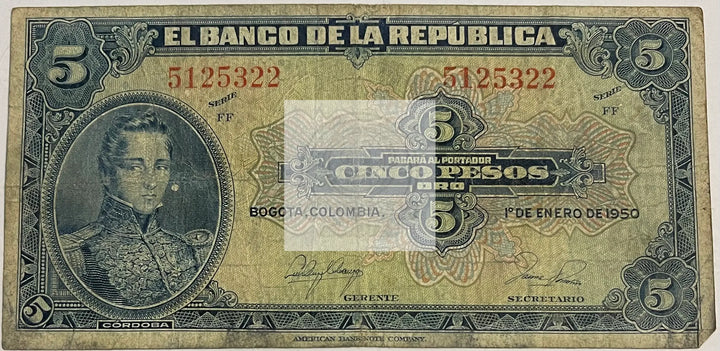 Columbia1950 5 Pesos Oro P386e, Used World Banknote Currency - Cool Coins & Notes