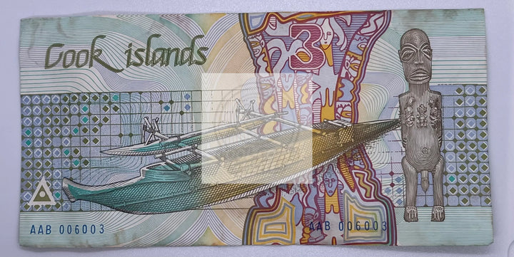 Cook Islands $3 1987 ND P-3a AU,Stains World Currency Banknote - Cool Coins & Notes