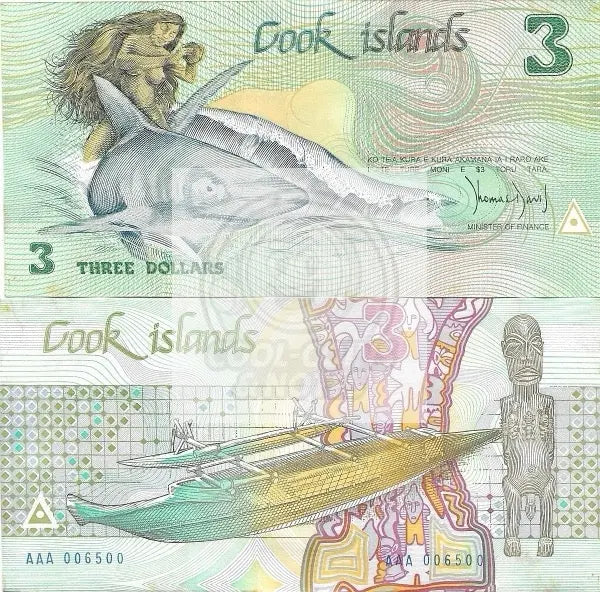Cook Islands $3 1987 banknote P-3a with vibrant island-themed design and AU condition