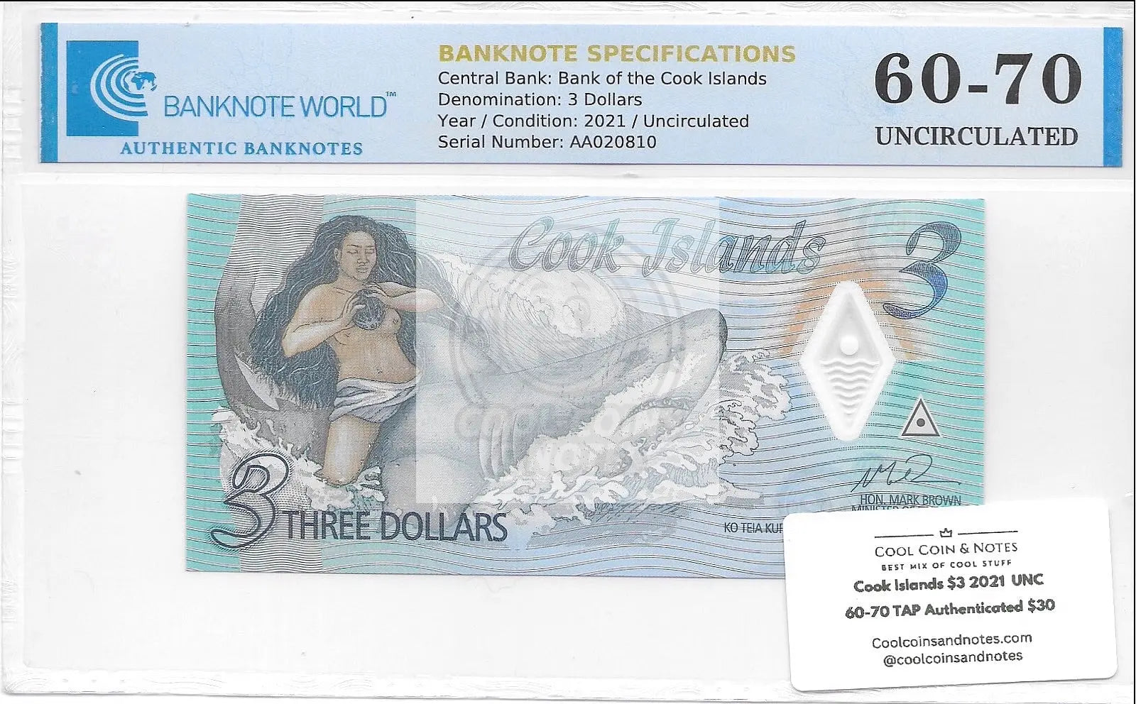 Cook Islands $3 2021  UNC 60-70 Authenticated - Cool Coins & Notes