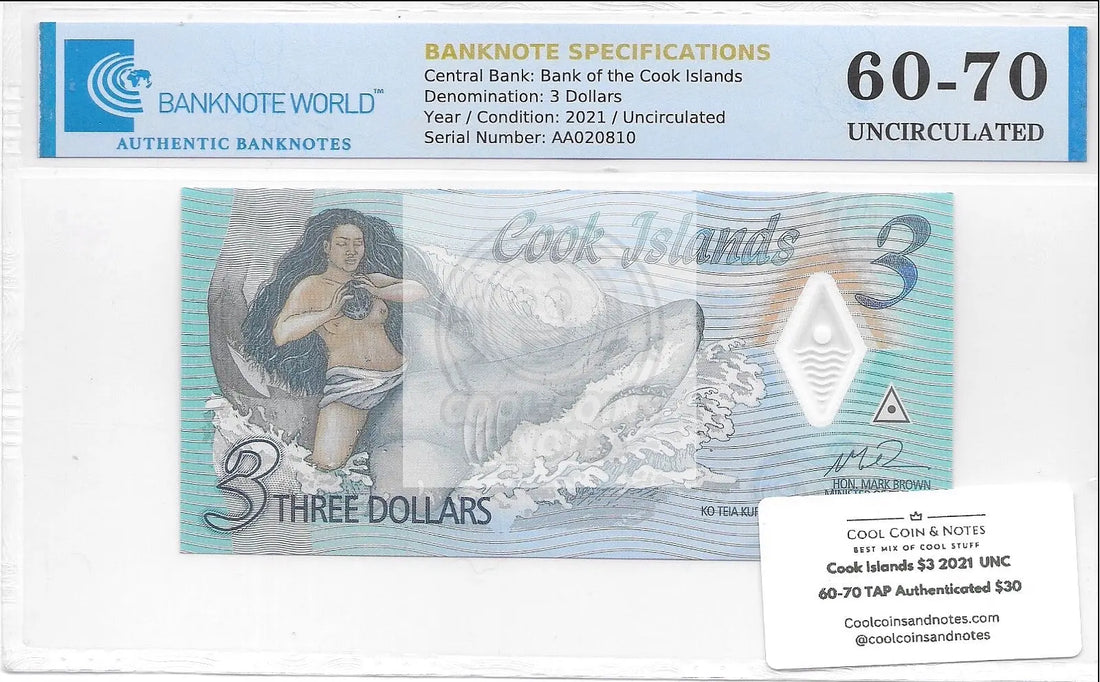 Cook Islands $3 2021  UNC 60-70 Authenticated - Cool Coins & Notes