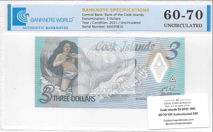 Cook Islands $3 2021  UNC 60-70 Authenticated - Cool Coins & Notes