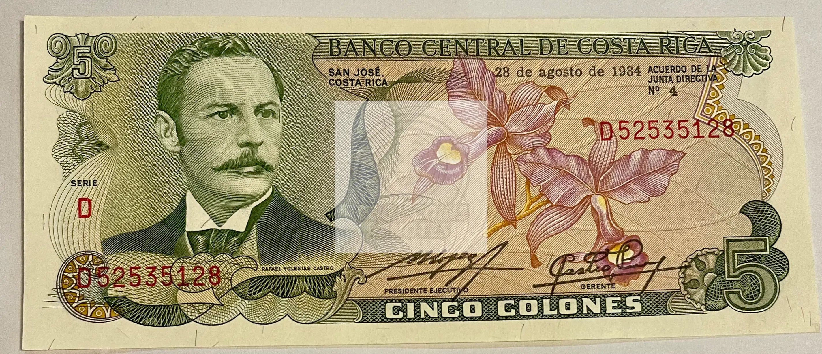 Costa Rica 1984 5 Colones P-236d banknote featuring cultural and historical designs