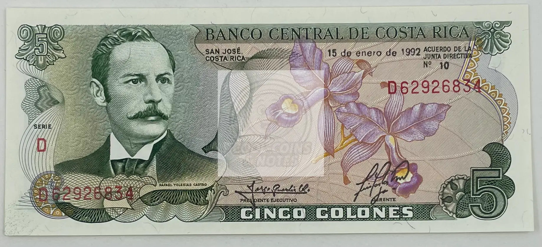 Costa Rica 1992 5 Colones P-236e banknote featuring cultural and historical designs
