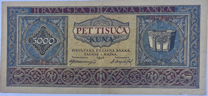 Croatia 1943 5000 Kuna P-13 Used World Banknote Cool Coins & Notes 