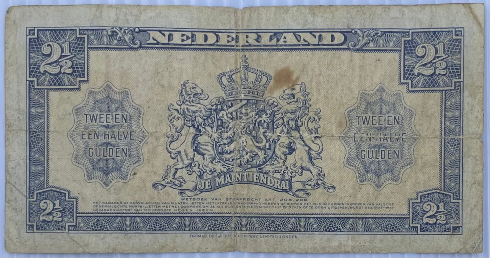 1945 Netherlands 2 1/2 Gulden P-71 Circulated World Banknote WW2