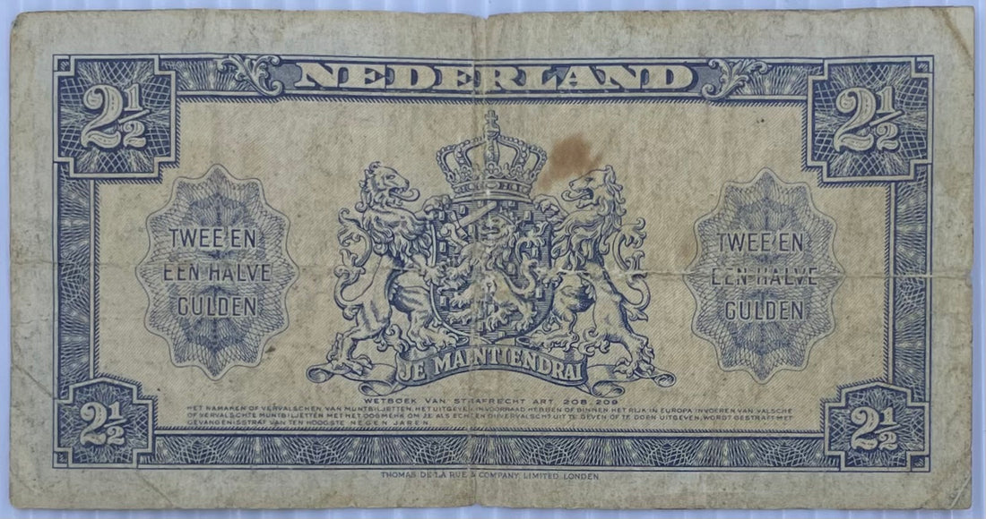 1945 Netherlands 2 1/2 Gulden P-71 Circulated World Banknote WW2