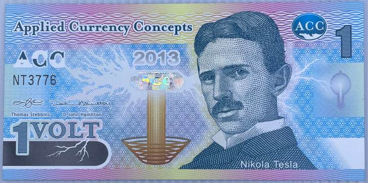 2013 Applied Currency Concepts 1 Volt Promotional Polymer Nikola Tesla No S/N World Banknote
