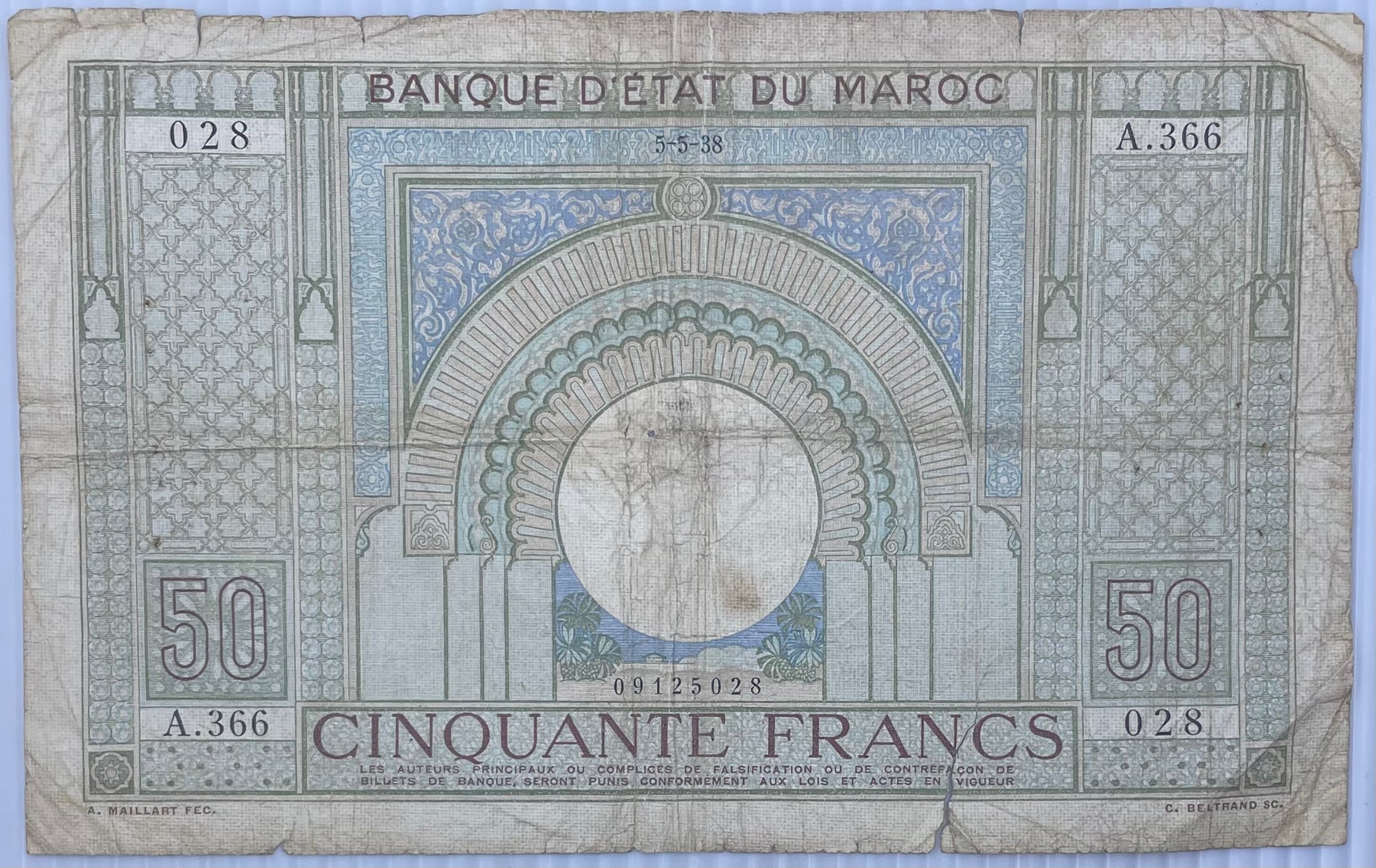 1938 Morocco 50 Francs Circulated World Banknote