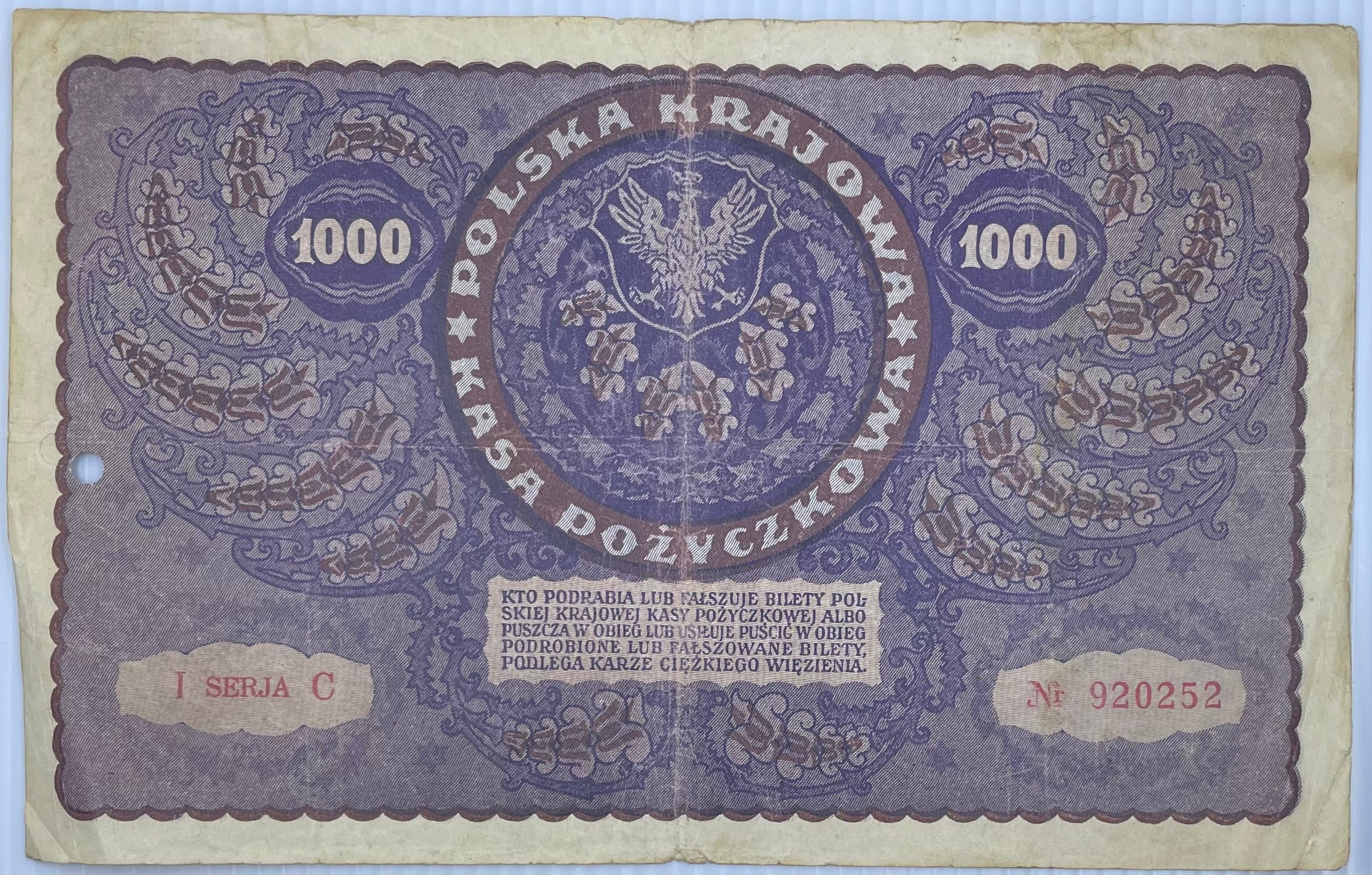 Poland 1919 1000 Mark P-29 Used World Banknote