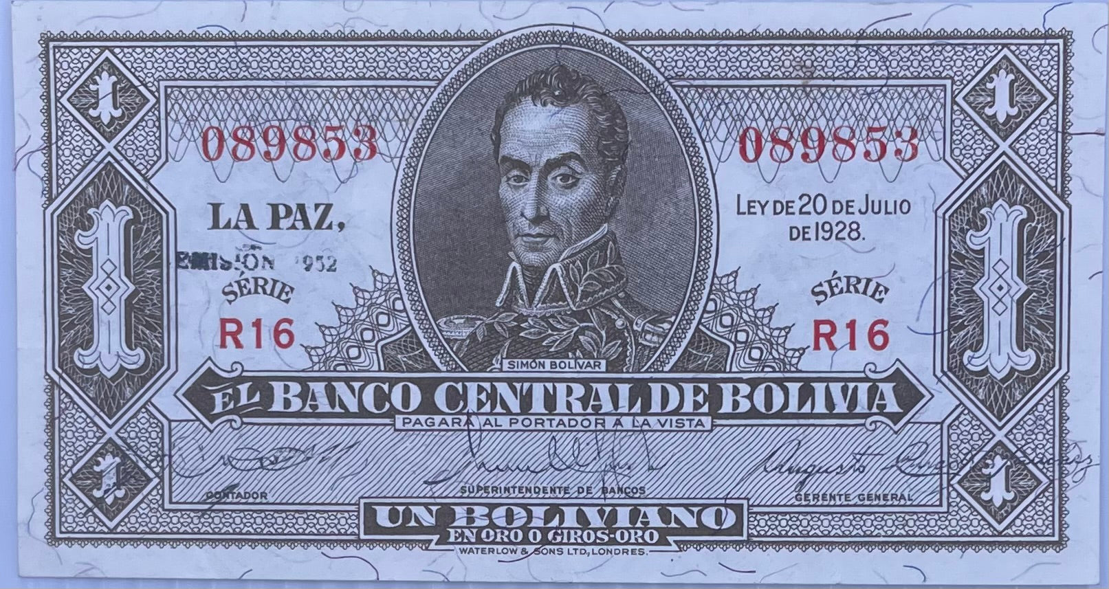 1928 Bolivia 1 Boliviano P-128 UNC World Banknote