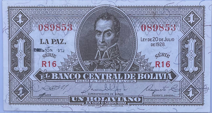 1928 Bolivia 1 Boliviano P-128 UNC World Banknote