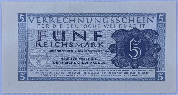 1944 Germany 5 Reichsmark P-R512 WW2 UNC World Banknote