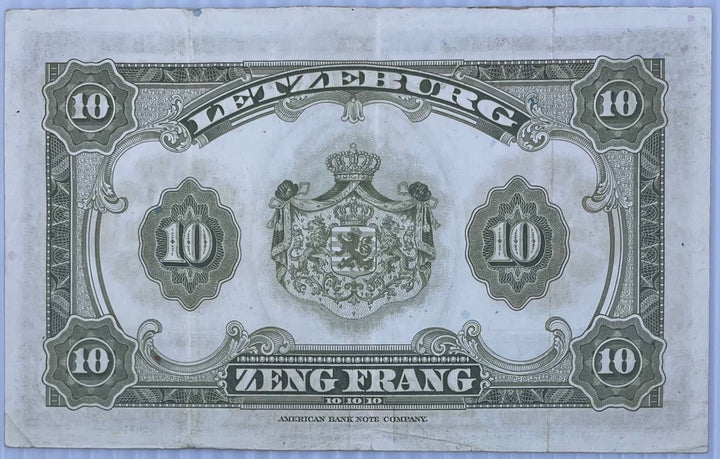 Luxembourg 10 Franc 1944 P44 vintage banknote with intricate WWII-era design