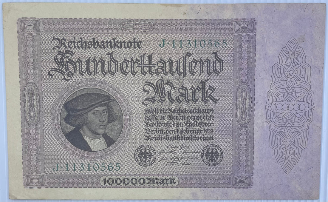 1923 Germany 100,000 Mark P83 AU banknote from Weimar Republic era