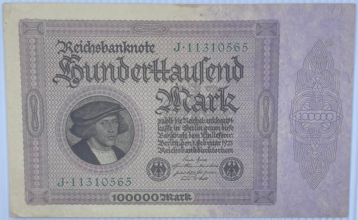 1923 Germany 100,000 Mark P83 AU banknote from Weimar Republic era