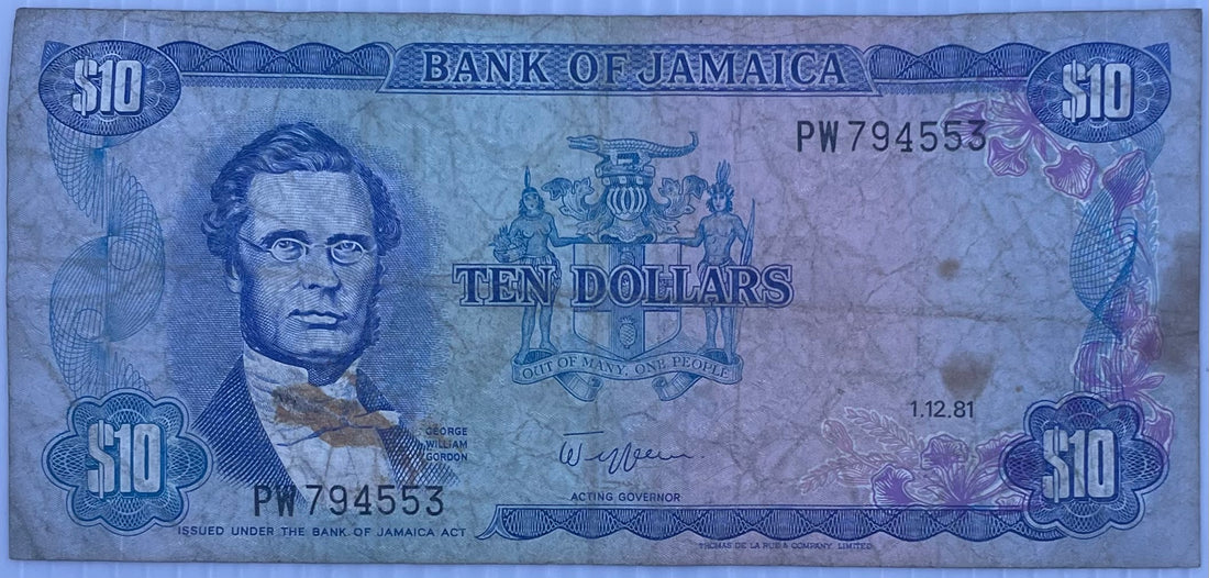 1981 Jamaica $10 Dollars P-67 Circulated World Banknote