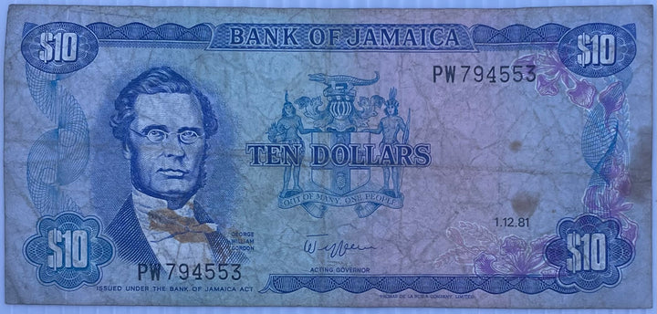 1981 Jamaica $10 Dollars P-67 Circulated World Banknote