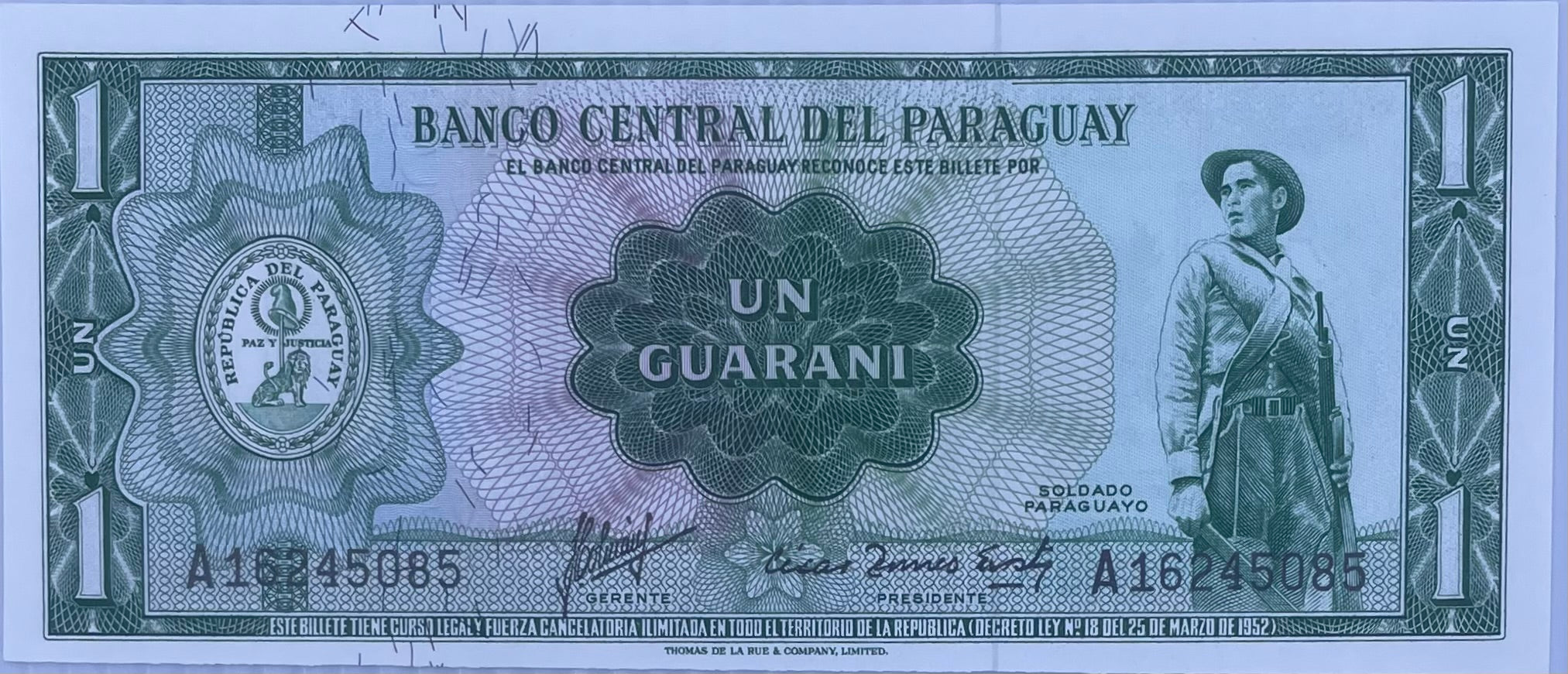 PARAGUAY 1 Guarani, 1952, P-193, UNC World Currency