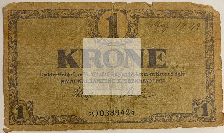 Denmark 1921 1 Krone P-12f.1, Used World Banknote - Cool Coins & Notes