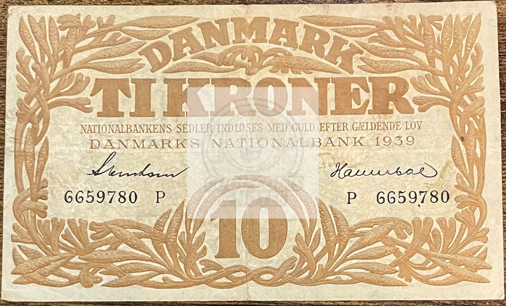 Denmark 1943 10 Kroner P-31p.6 Used World Banknote Currency - Cool Coins & Notes