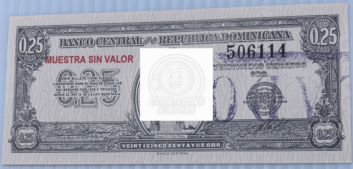 Dominican Republic 25 Centavos Oro P-88as UNC Specimen World Banknote Currency