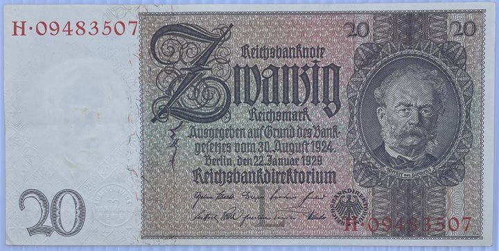 1929 Germany 20 Mark Weimar Republic banknote with historical design and collector value