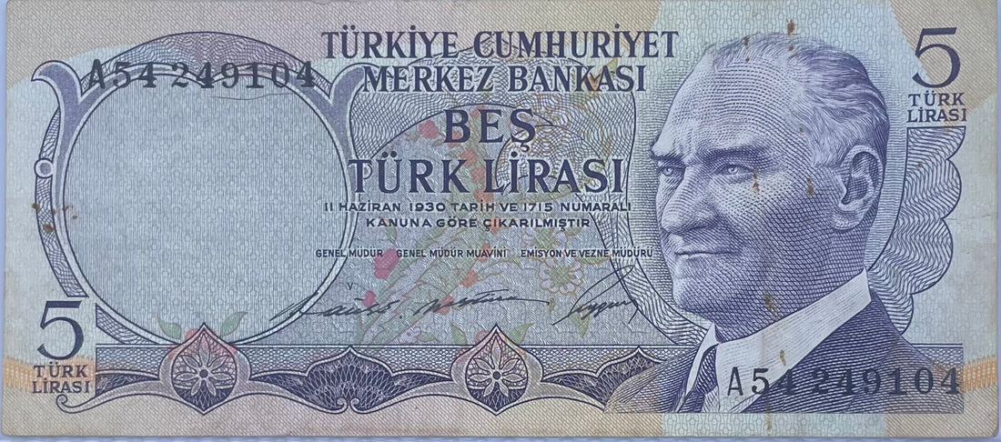 Turkey 1970 5 Lira P-185 Used World Banknote Currency