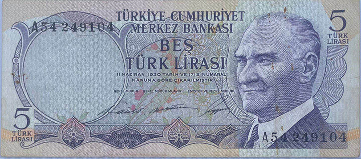 Turkey 1970 5 Lira P-185 Used World Banknote Currency
