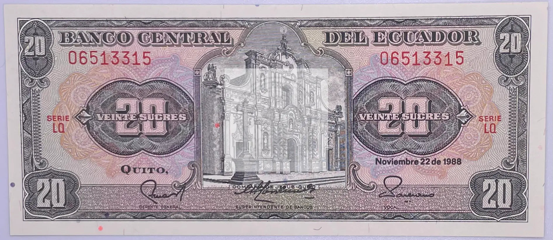 ECUADOR 20 VEINTE SUCRES 1988 NOTE Pick-121, Used Banknote - Cool Coins & Notes