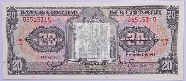 ECUADOR 20 VEINTE SUCRES 1988 Pick-121, UNC World Currency Banknote - Cool Coins & Notes