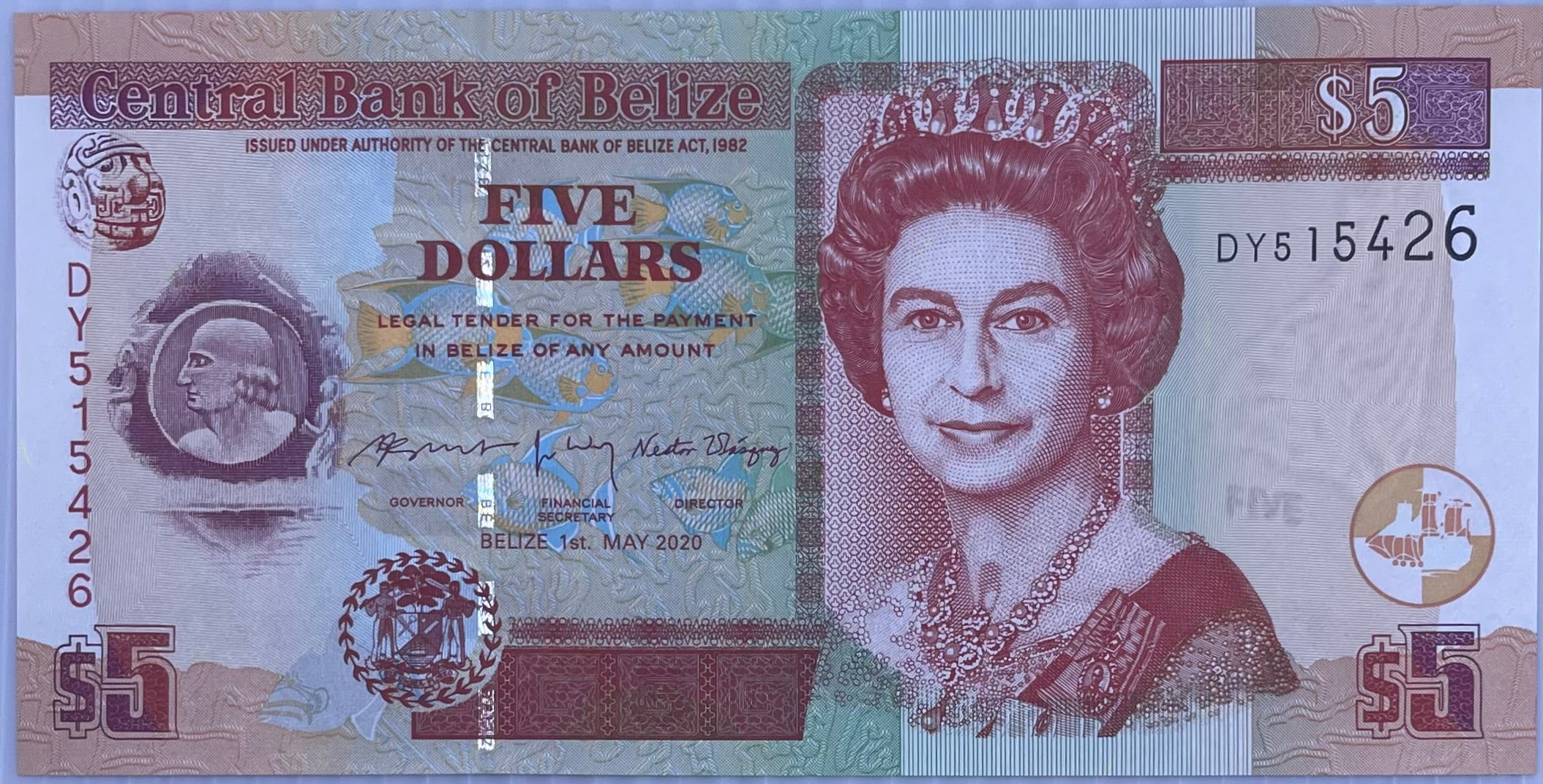 Belize 5 Dollars P 67h 2020 UNC Queen Elizabeth II Banknote