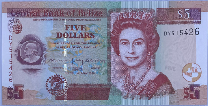 Belize 5 Dollars P 67h 2020 UNC Queen Elizabeth II Banknote