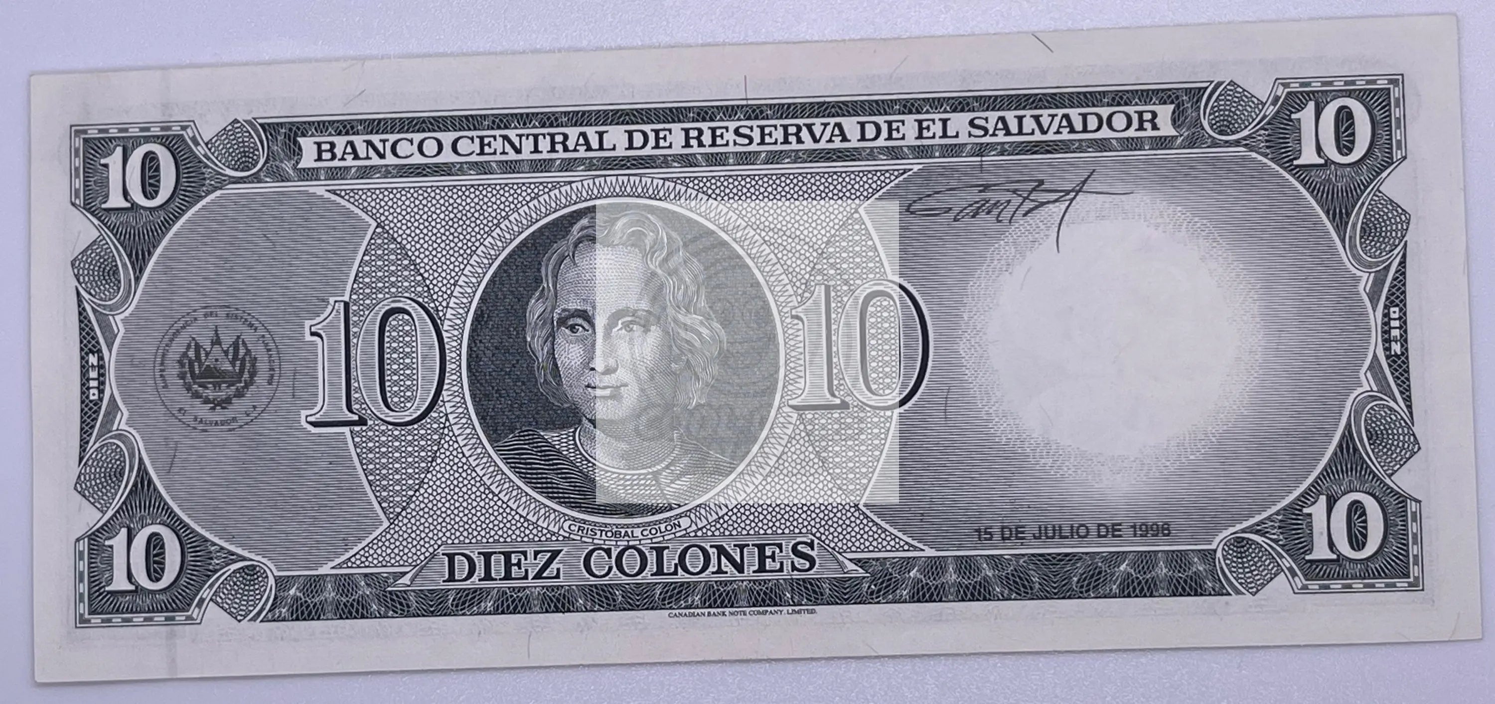 El Salvador 10 Colones 1996 banknote UNC detailed cultural design front and back