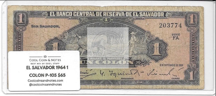 EL SALVADOR 1964 1 COLON P-105, Used Banknote - Cool Coins & Notes