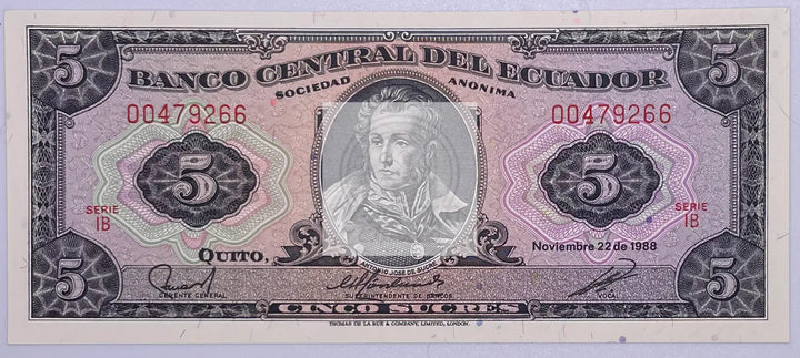 Ecuador, 5 Sucres, 11-22-1988, P-113d, UNC Banknote - Cool Coins & Notes