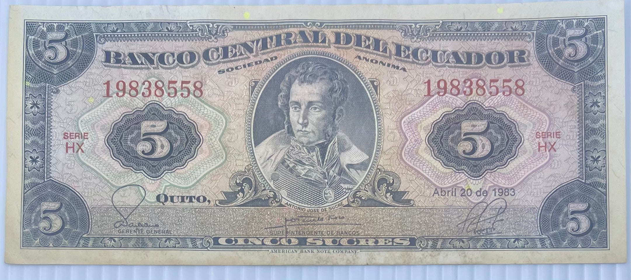 Ecuador 1988 5 Sucres P-113d Used Banknote - Cool Coins & Notes