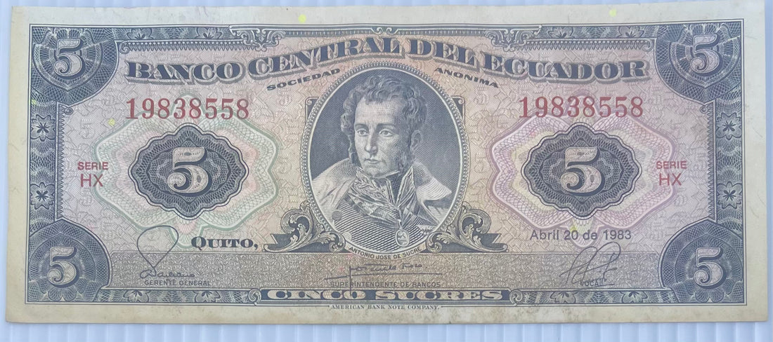 Ecuador 1988 5 Sucres P-113d Used Banknote - Cool Coins & Notes