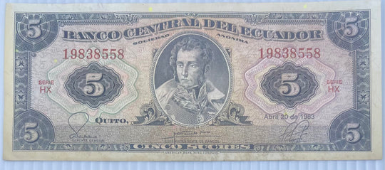Ecuador 1988 5 Sucres P-113d Circulated Banknote